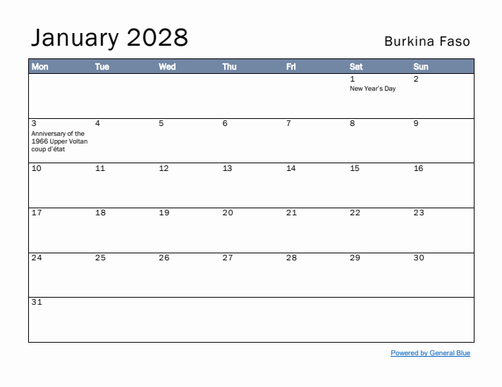 January 2028 Simple Monthly Calendar for Burkina Faso