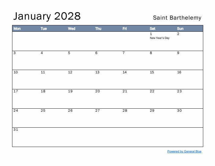 January 2028 Simple Monthly Calendar for Saint Barthelemy