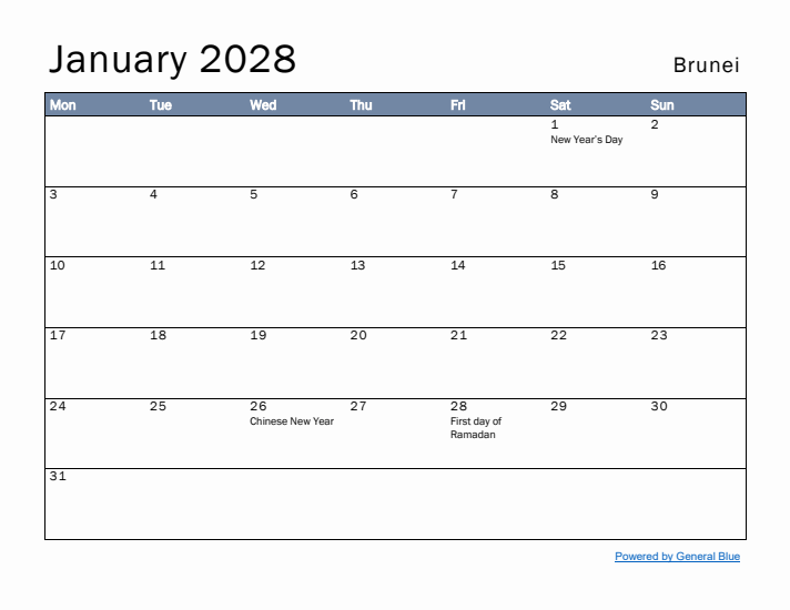 January 2028 Simple Monthly Calendar for Brunei