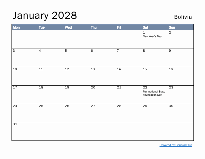 January 2028 Simple Monthly Calendar for Bolivia