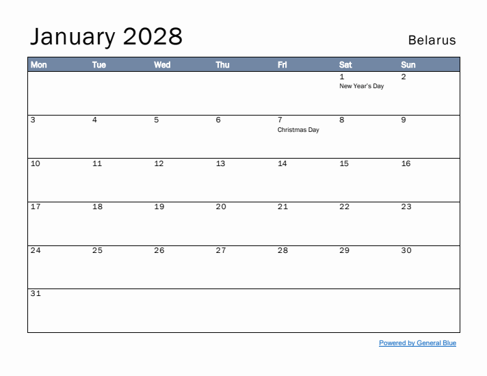 January 2028 Simple Monthly Calendar for Belarus