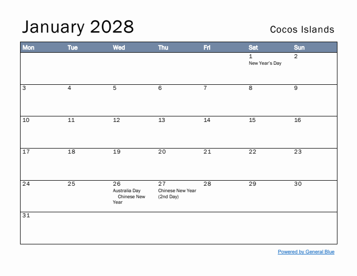 January 2028 Simple Monthly Calendar for Cocos Islands