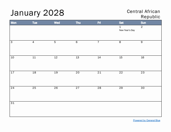 January 2028 Simple Monthly Calendar for Central African Republic