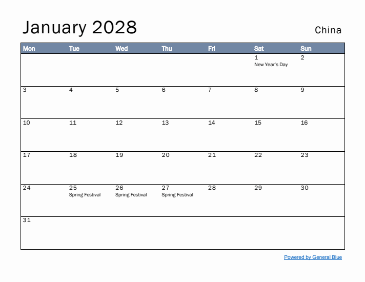 January 2028 Simple Monthly Calendar for China