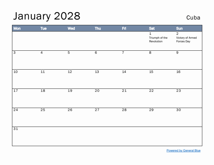 January 2028 Simple Monthly Calendar for Cuba