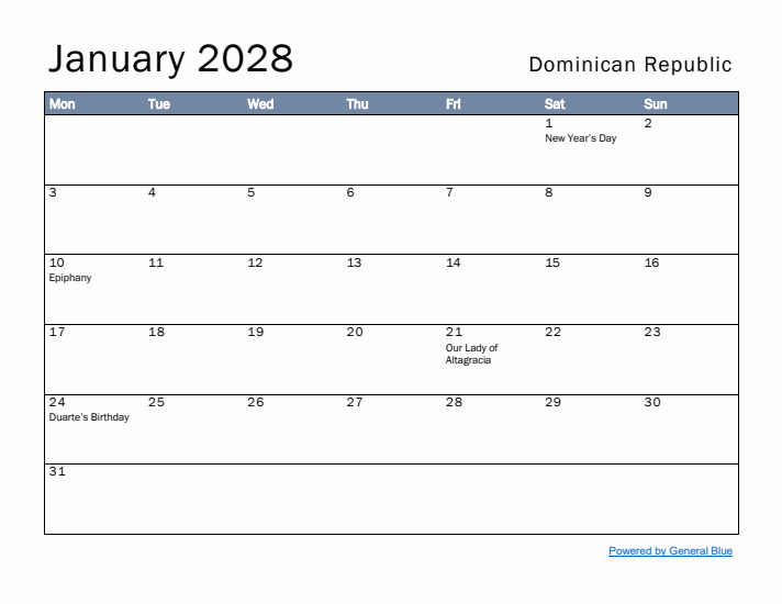 January 2028 Simple Monthly Calendar for Dominican Republic