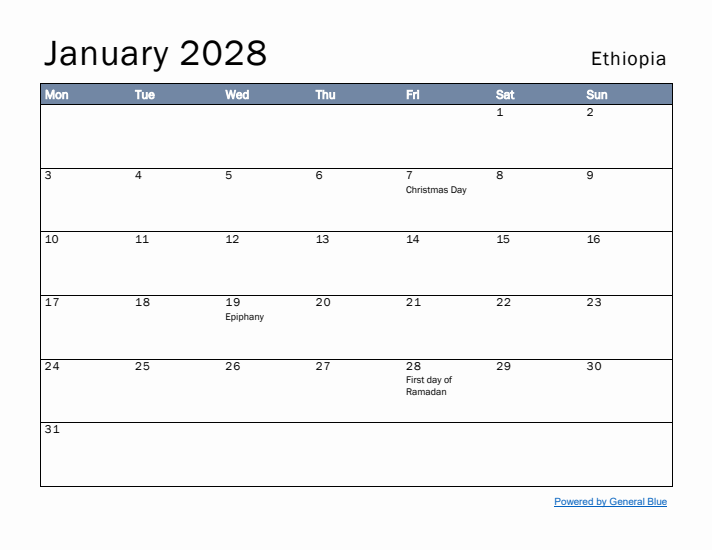 January 2028 Simple Monthly Calendar for Ethiopia