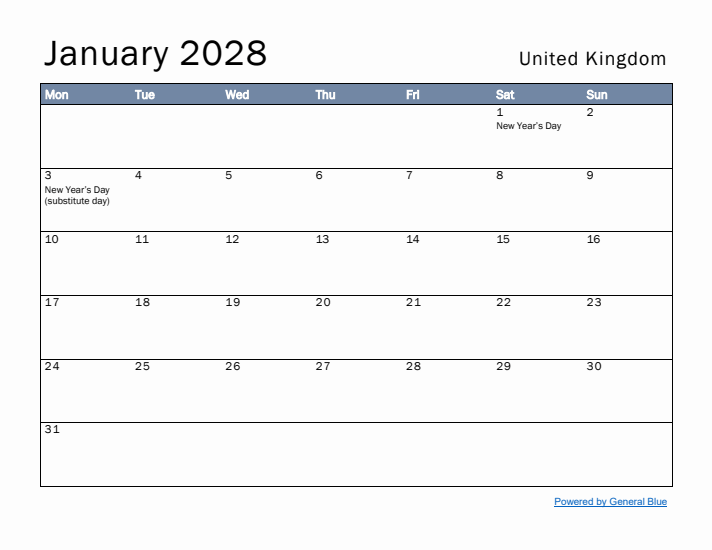 January 2028 Simple Monthly Calendar for United Kingdom