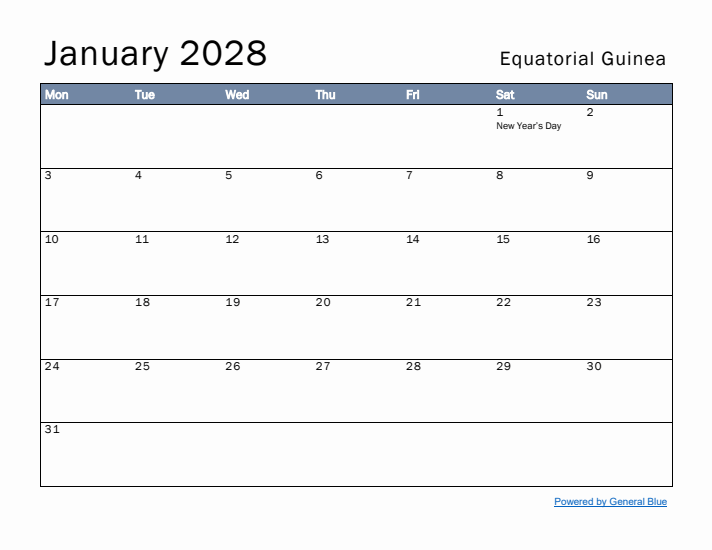 January 2028 Simple Monthly Calendar for Equatorial Guinea