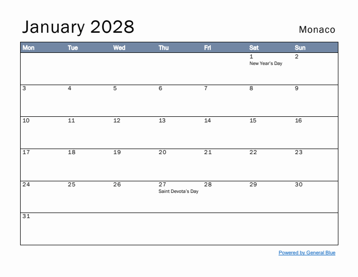 January 2028 Simple Monthly Calendar for Monaco