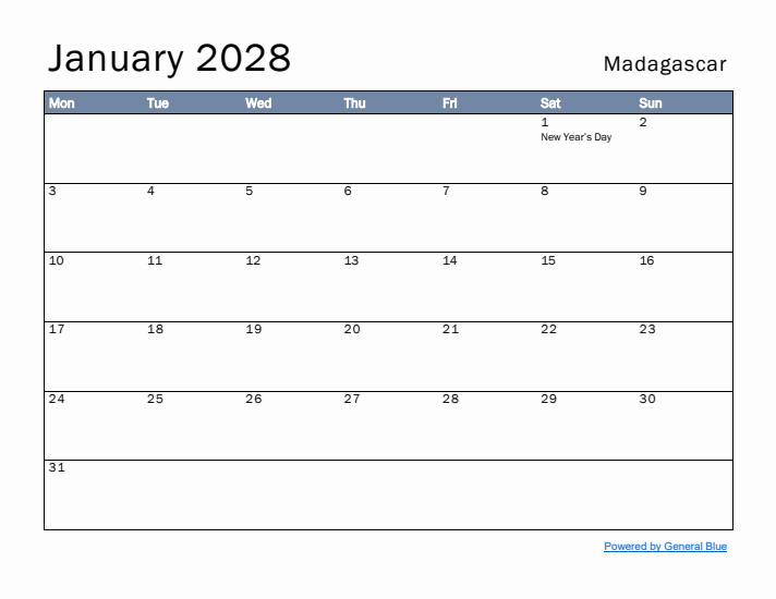 January 2028 Simple Monthly Calendar for Madagascar