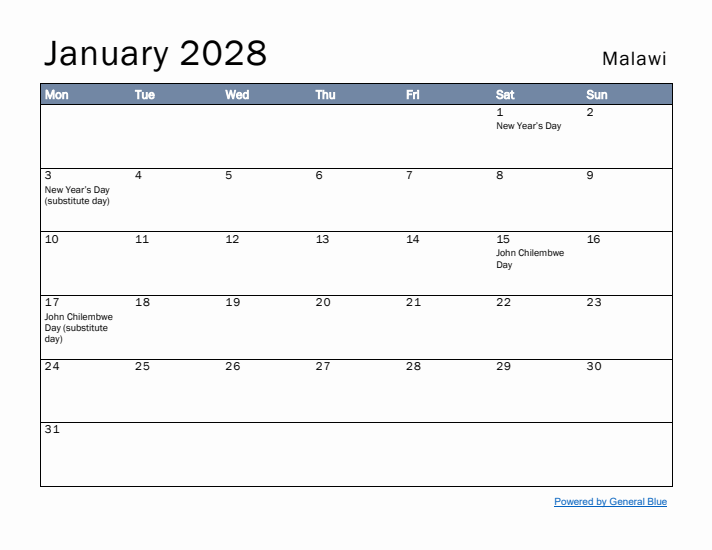 January 2028 Simple Monthly Calendar for Malawi