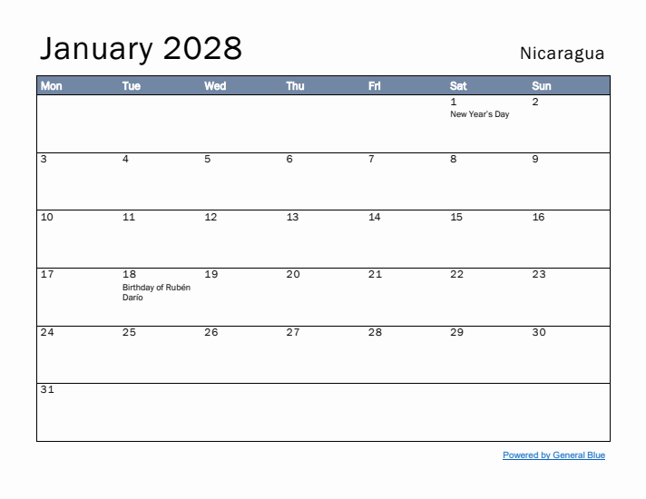 January 2028 Simple Monthly Calendar for Nicaragua