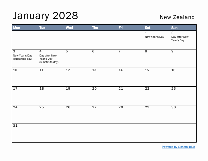 January 2028 Simple Monthly Calendar for New Zealand