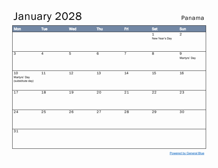 January 2028 Simple Monthly Calendar for Panama