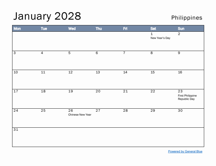 January 2028 Simple Monthly Calendar for Philippines