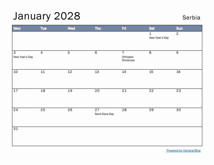 January 2028 Simple Monthly Calendar for Serbia