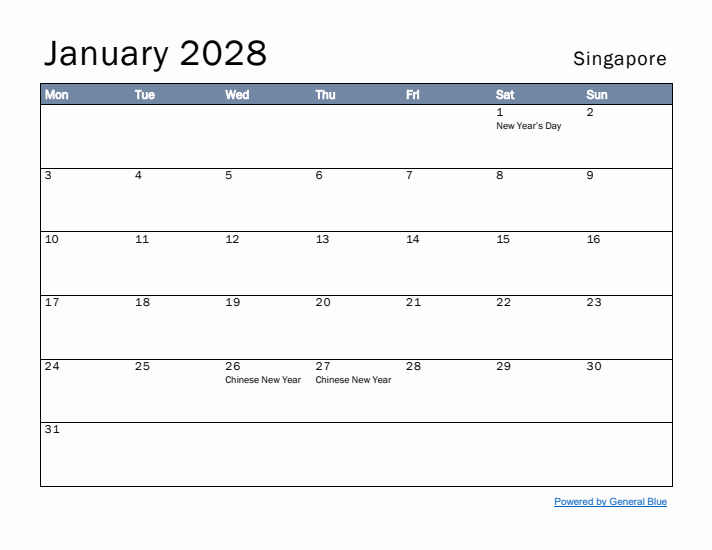 January 2028 Simple Monthly Calendar for Singapore