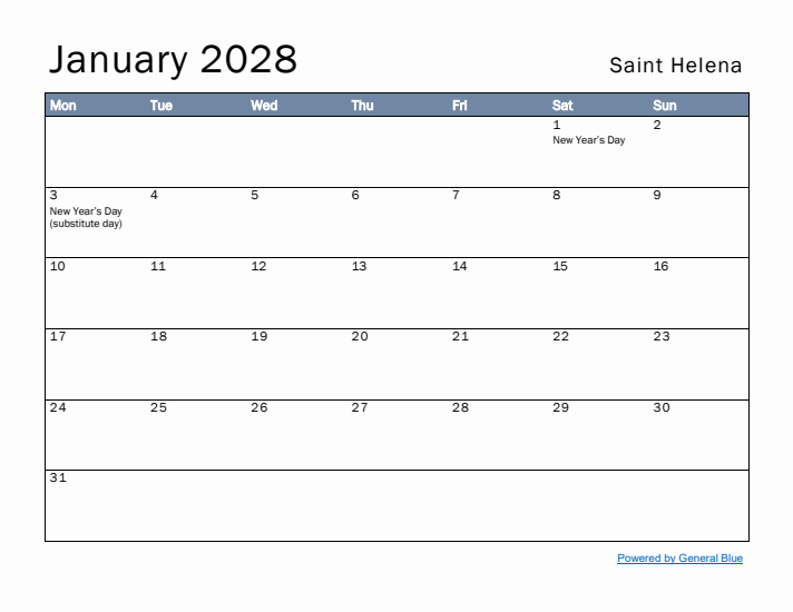 January 2028 Simple Monthly Calendar for Saint Helena