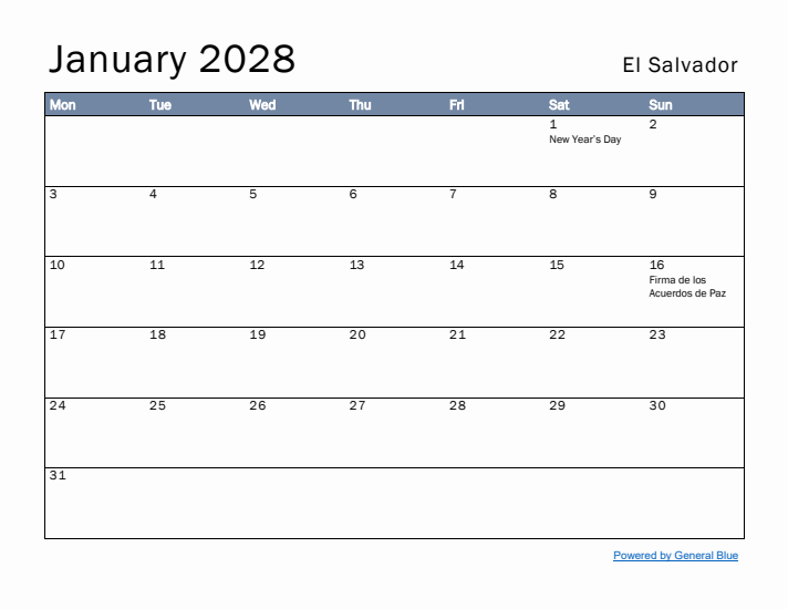 January 2028 Simple Monthly Calendar for El Salvador