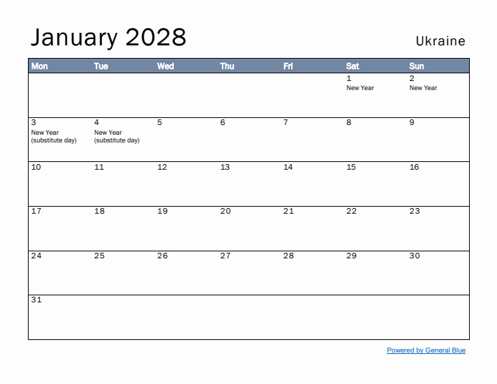 January 2028 Simple Monthly Calendar for Ukraine