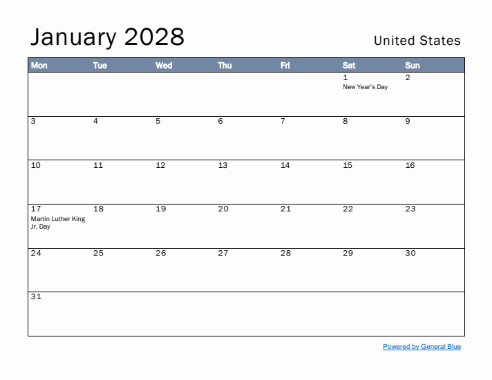 January 2028 Simple Monthly Calendar for United States