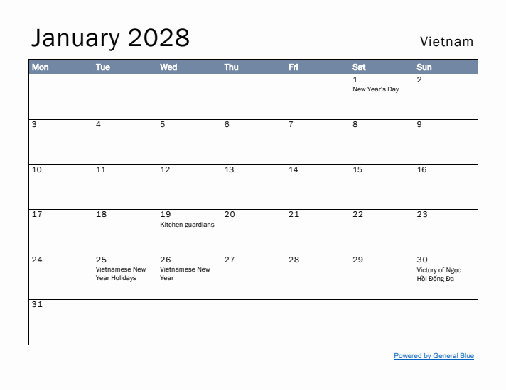 January 2028 Simple Monthly Calendar for Vietnam