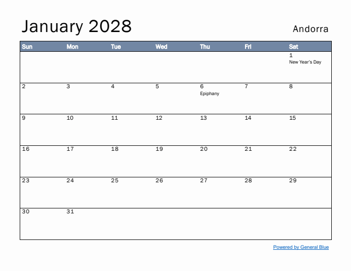 January 2028 Simple Monthly Calendar for Andorra