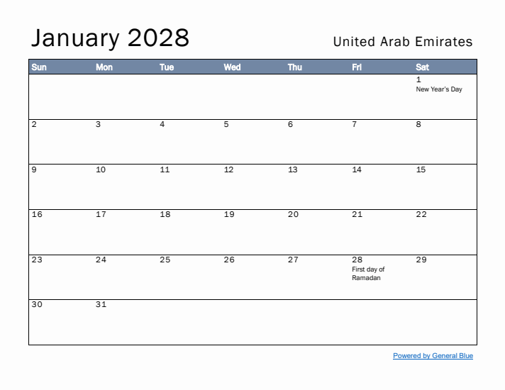 January 2028 Simple Monthly Calendar for United Arab Emirates