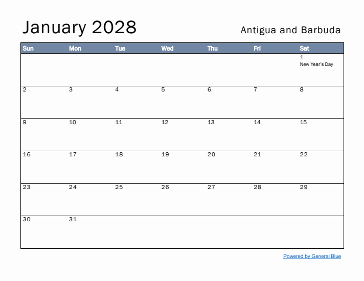 January 2028 Simple Monthly Calendar for Antigua and Barbuda