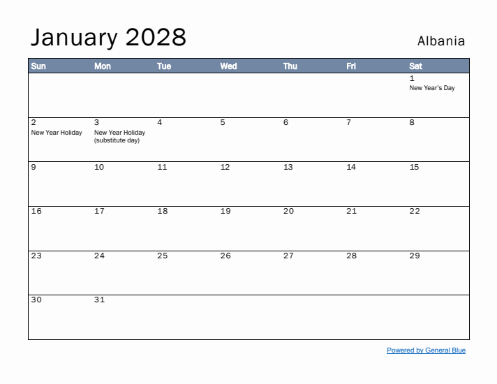 January 2028 Simple Monthly Calendar for Albania