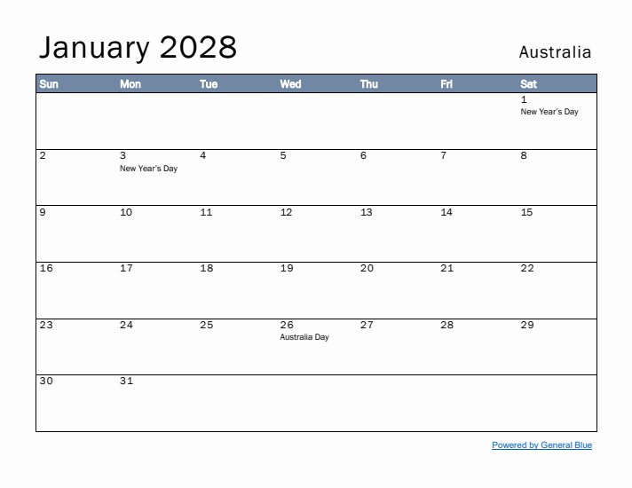 January 2028 Simple Monthly Calendar for Australia