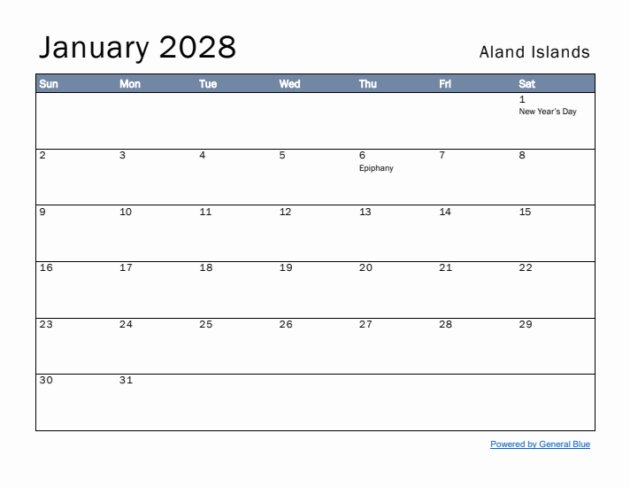 January 2028 Simple Monthly Calendar for Aland Islands