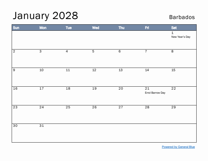 January 2028 Simple Monthly Calendar for Barbados