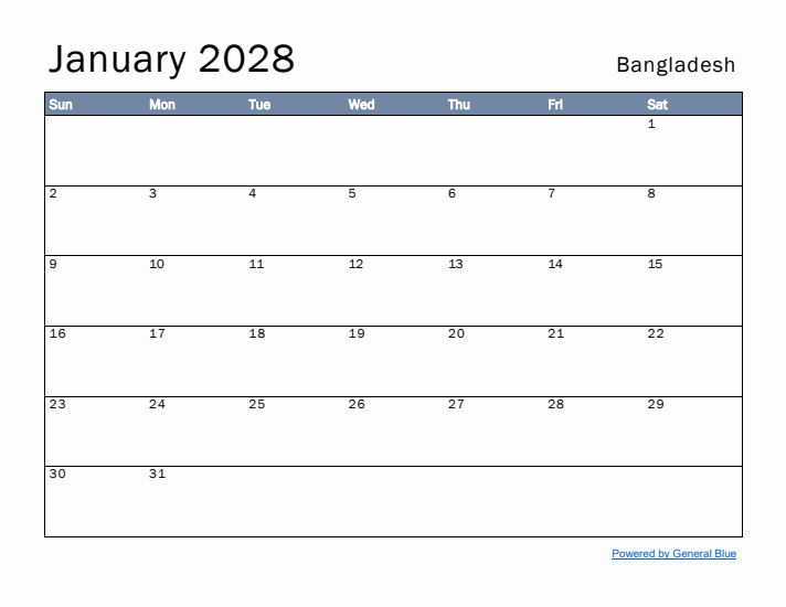 January 2028 Simple Monthly Calendar for Bangladesh