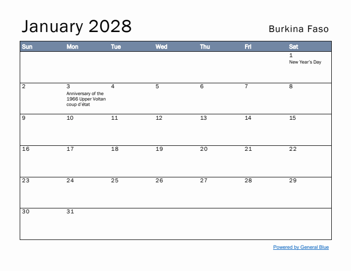 January 2028 Simple Monthly Calendar for Burkina Faso