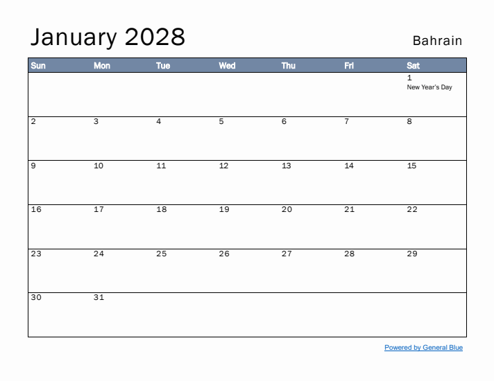 January 2028 Simple Monthly Calendar for Bahrain