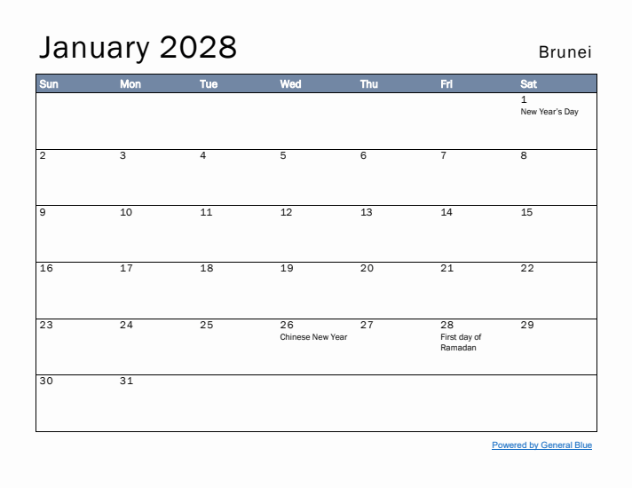 January 2028 Simple Monthly Calendar for Brunei