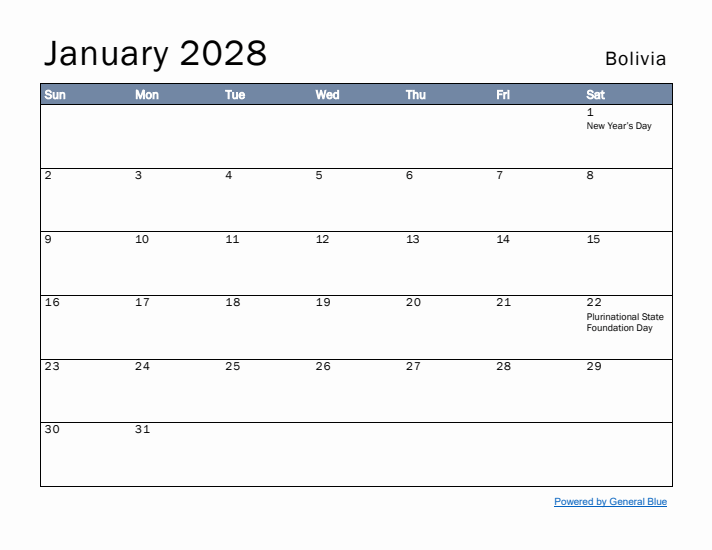 January 2028 Simple Monthly Calendar for Bolivia