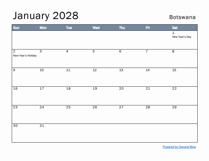 January 2028 Simple Monthly Calendar for Botswana