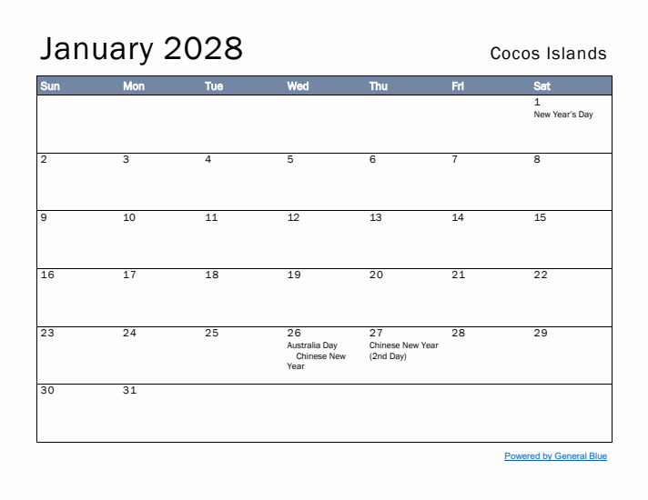 January 2028 Simple Monthly Calendar for Cocos Islands