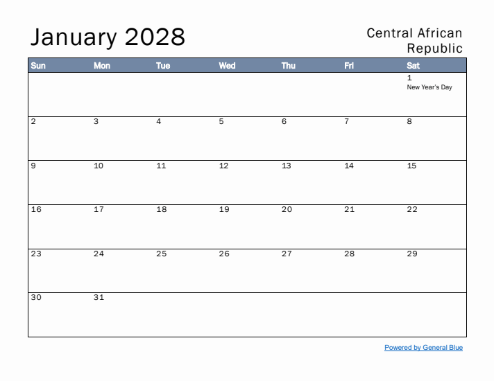 January 2028 Simple Monthly Calendar for Central African Republic