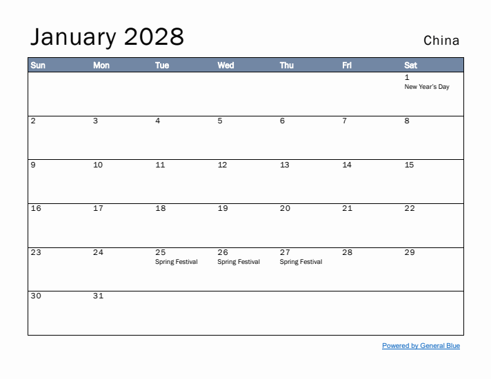 January 2028 Simple Monthly Calendar for China