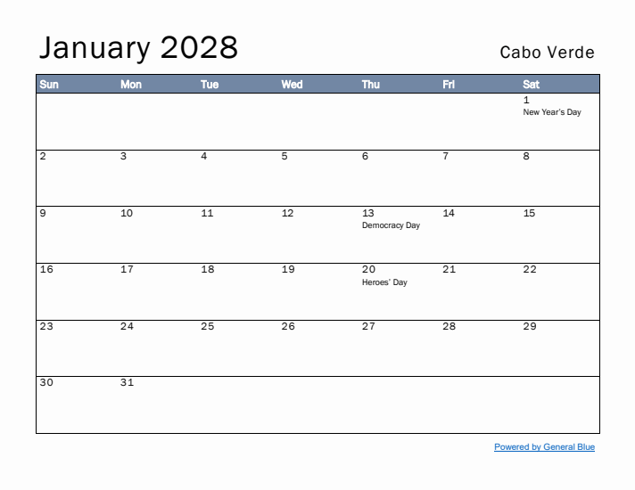 January 2028 Simple Monthly Calendar for Cabo Verde