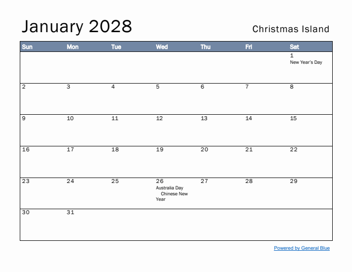 January 2028 Simple Monthly Calendar for Christmas Island