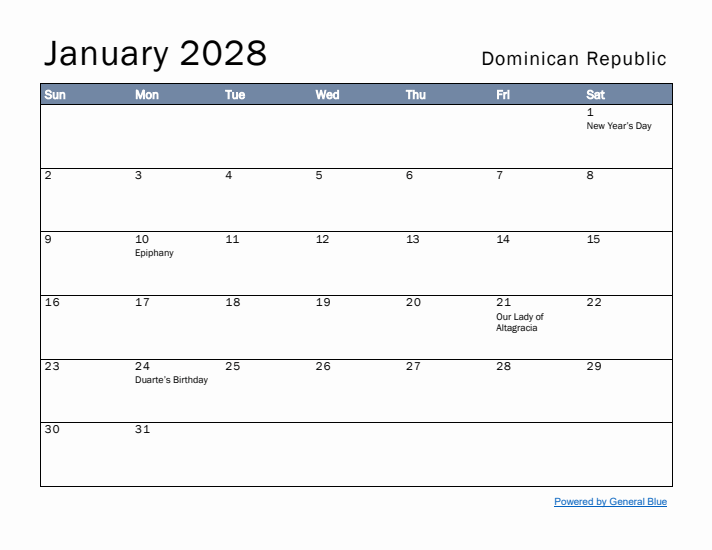 January 2028 Simple Monthly Calendar for Dominican Republic