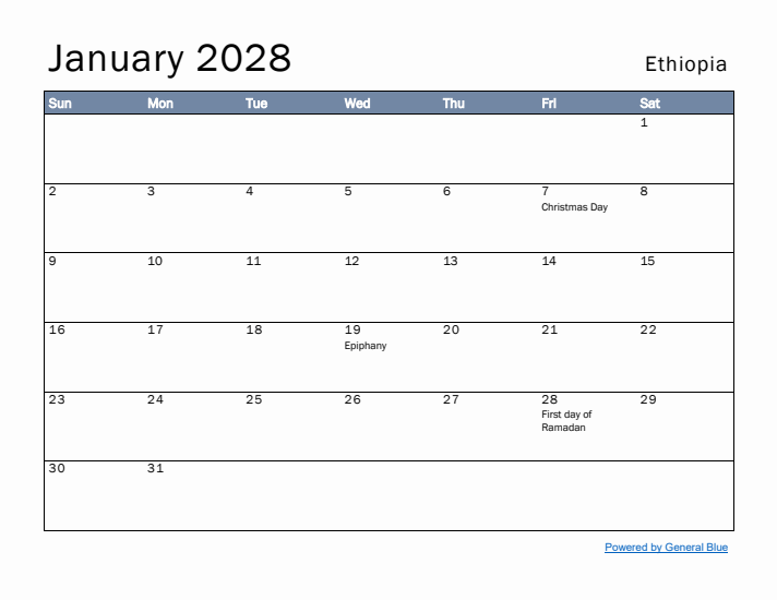 January 2028 Simple Monthly Calendar for Ethiopia