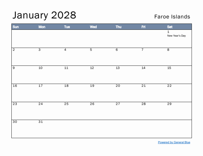 January 2028 Simple Monthly Calendar for Faroe Islands