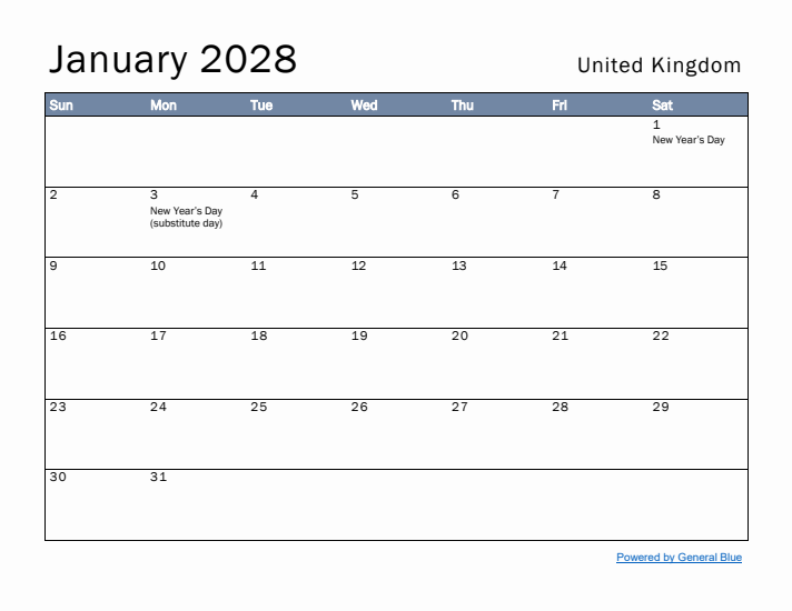 January 2028 Simple Monthly Calendar for United Kingdom