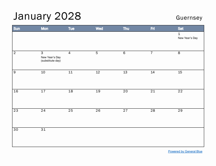 January 2028 Simple Monthly Calendar for Guernsey